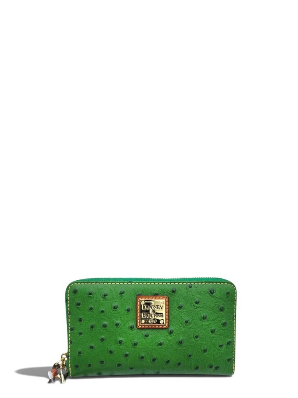 D&B Green Ostrich Embossed Medium Zip Around Wallet Wristlet